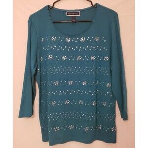 Karen Scott Women’s Teal Studded Long Sleeve Blouse Office Casual Top Sz L NWT